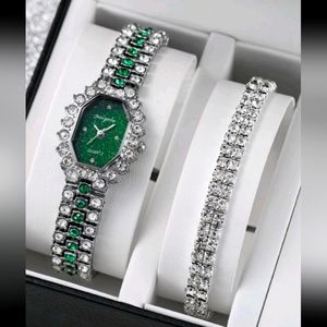 NEW GORGEOUS LADIES SILVER AND GREEN CZ WATCH AND CZ BRACELET SET